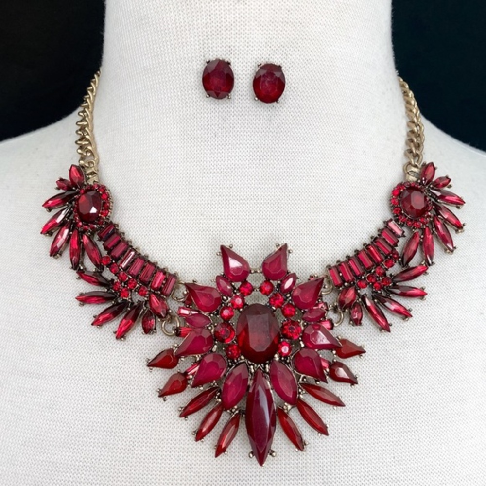 Funky Flair Red Rhinestone Gem Necklace Earrings Set